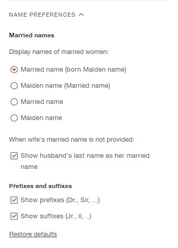 Name preferences in the Settings menu